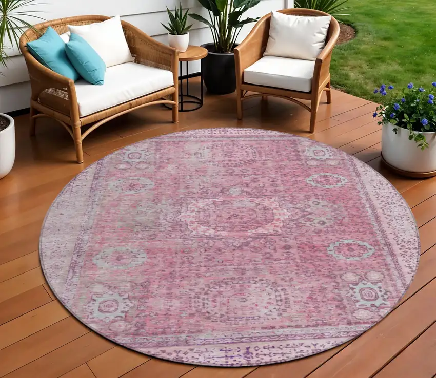 8' Pink And Blush Round Floral Medallion Washable Indoor Outdoor Area Rug Photo 2
