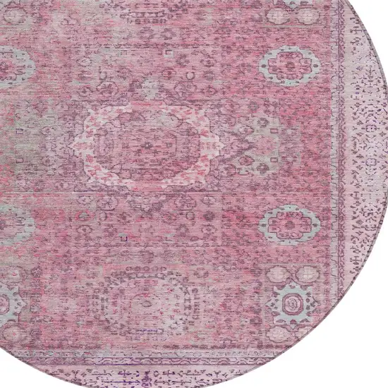 8' Pink And Blush Round Floral Medallion Washable Indoor Outdoor Area Rug Photo 7