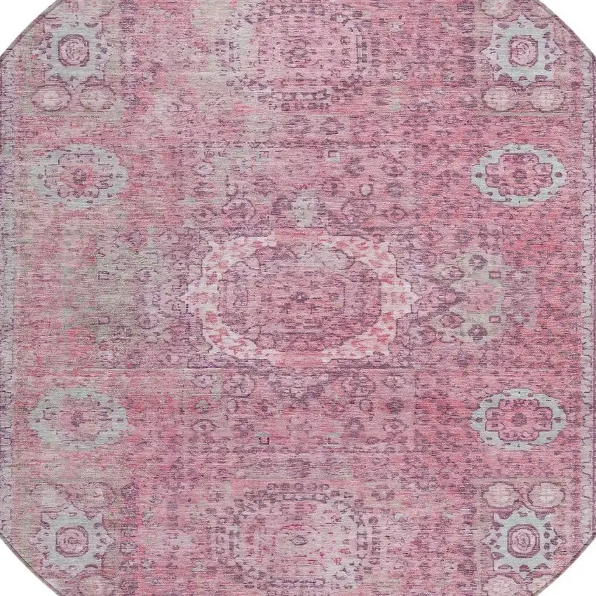 8' Pink And Blush Round Floral Medallion Washable Indoor Outdoor Area Rug Photo 4