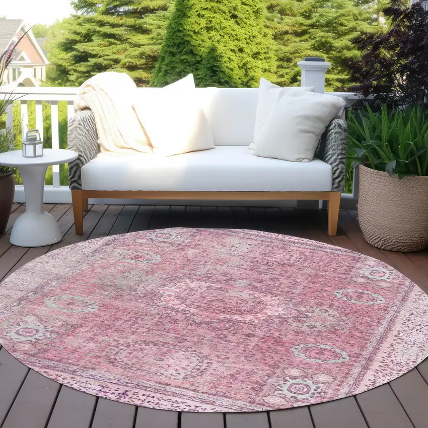 8' Pink And Blush Round Floral Medallion Washable Indoor Outdoor Area Rug Photo 5