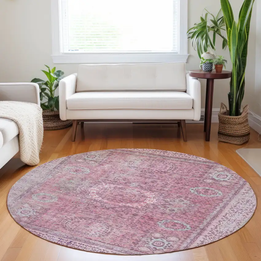 8' Pink And Blush Round Floral Medallion Washable Indoor Outdoor Area Rug Photo 6