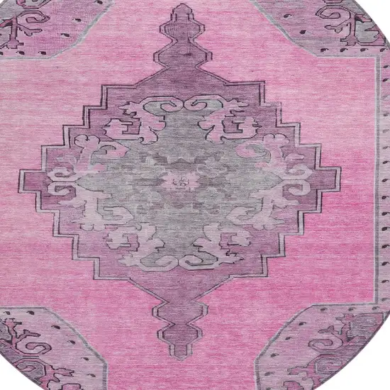 8' Pink And Blush Round Geometric Washable Indoor Outdoor Area Rug Photo 4
