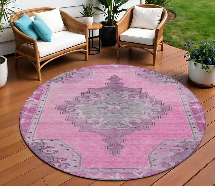 8' Pink And Blush Round Geometric Washable Indoor Outdoor Area Rug Photo 2