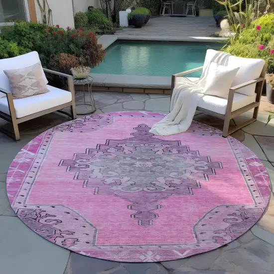 8' Pink And Blush Round Geometric Washable Indoor Outdoor Area Rug Photo 7