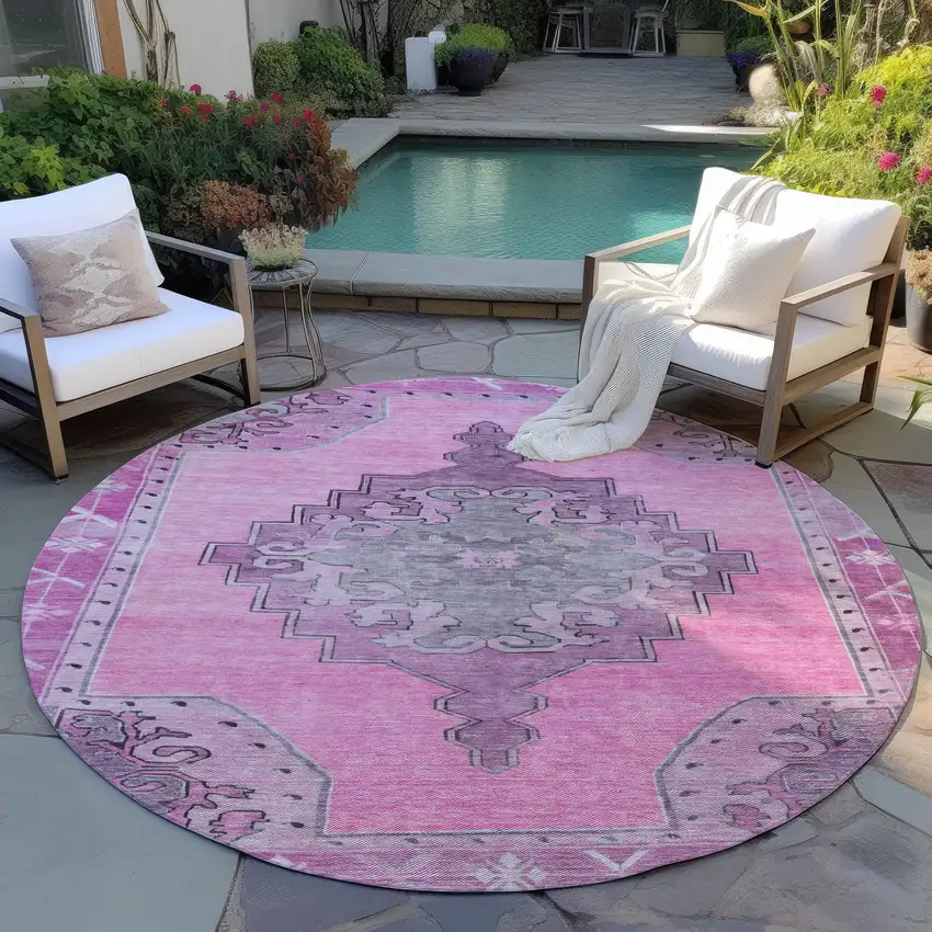 8' Pink And Blush Round Geometric Washable Indoor Outdoor Area Rug Photo 7