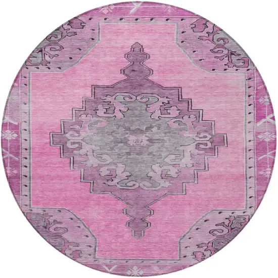 8' Pink And Blush Round Geometric Washable Indoor Outdoor Area Rug Photo 5