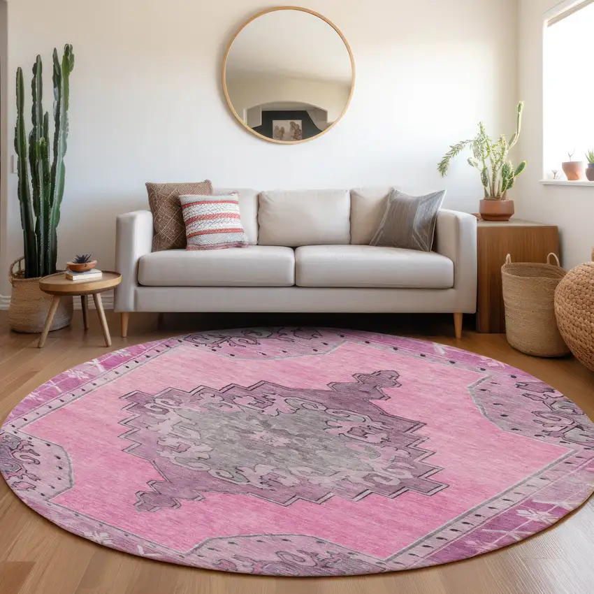 8' Pink And Blush Round Geometric Washable Indoor Outdoor Area Rug Photo 8