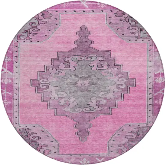 8' Pink And Blush Round Geometric Washable Indoor Outdoor Area Rug Photo 1