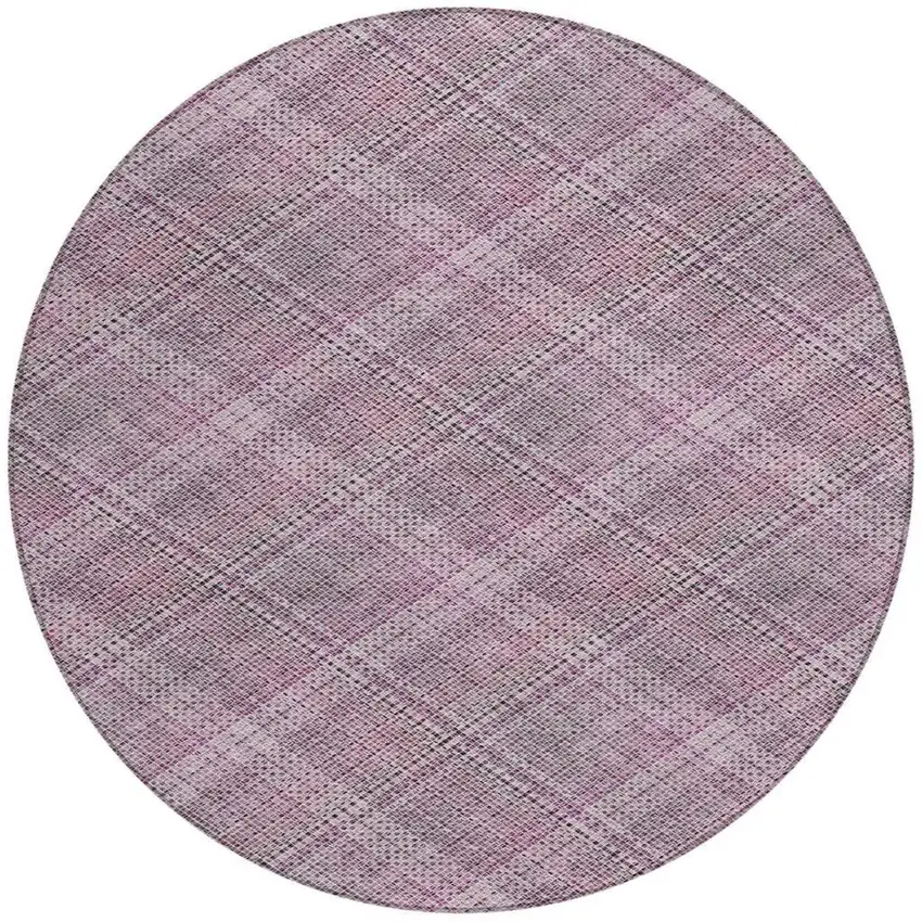 8' Pink And Blush Round Plaid Washable Indoor Outdoor Area Rug Photo 1