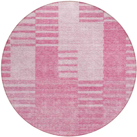 8' Pink And Blush Round Striped Washable Indoor Outdoor Area Rug Photo 2
