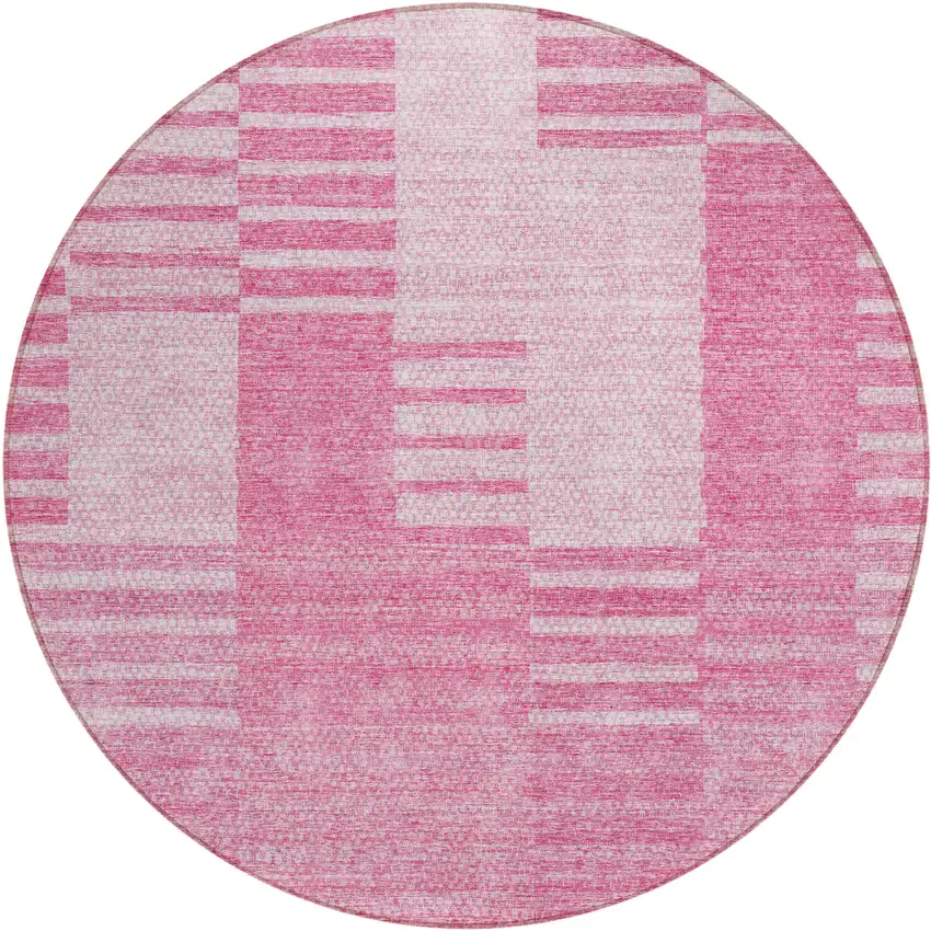 8' Pink And Blush Round Striped Washable Indoor Outdoor Area Rug Photo 2