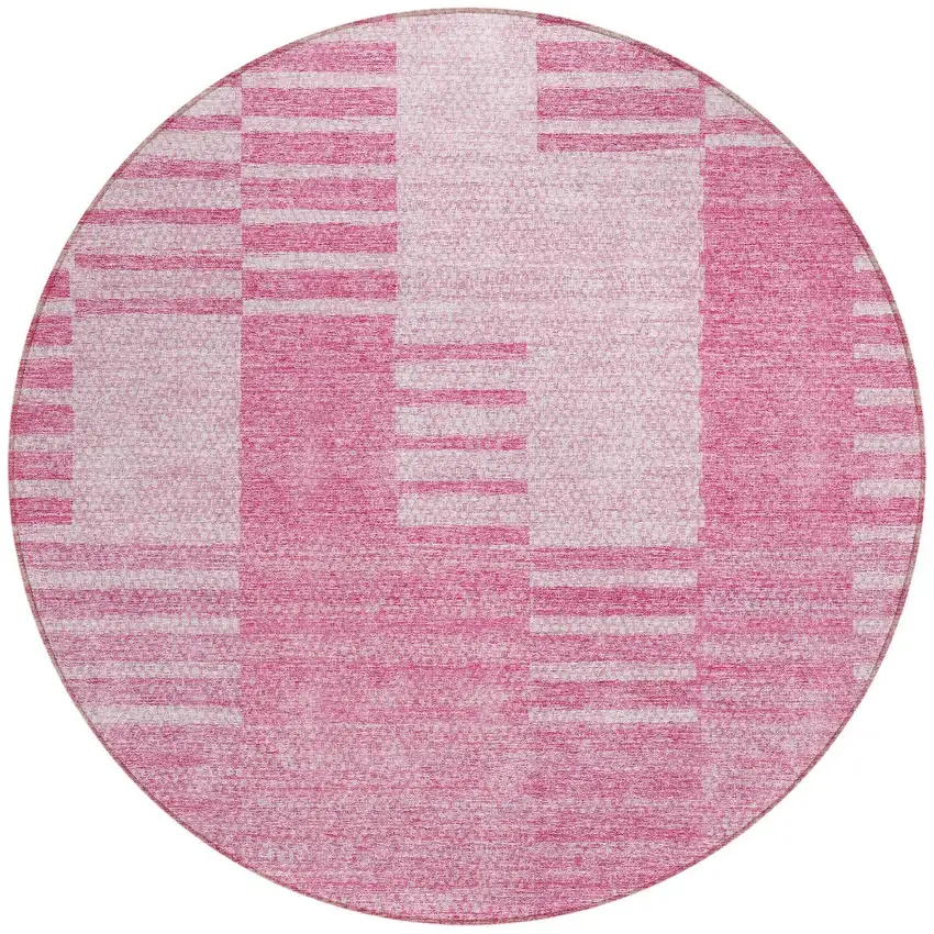 8' Pink And Blush Round Striped Washable Indoor Outdoor Area Rug Photo 5