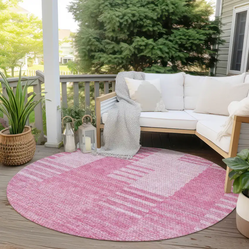 8' Pink And Blush Round Striped Washable Indoor Outdoor Area Rug Photo 6