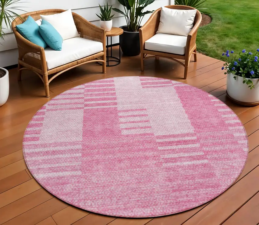 8' Pink And Blush Round Striped Washable Indoor Outdoor Area Rug Photo 1