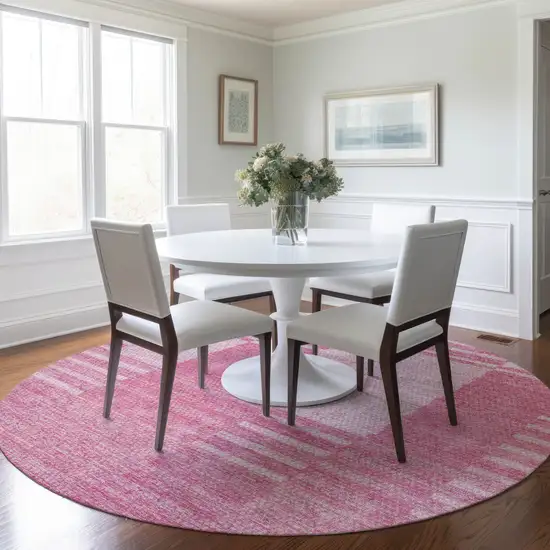 8' Pink And Blush Round Striped Washable Indoor Outdoor Area Rug Photo 7