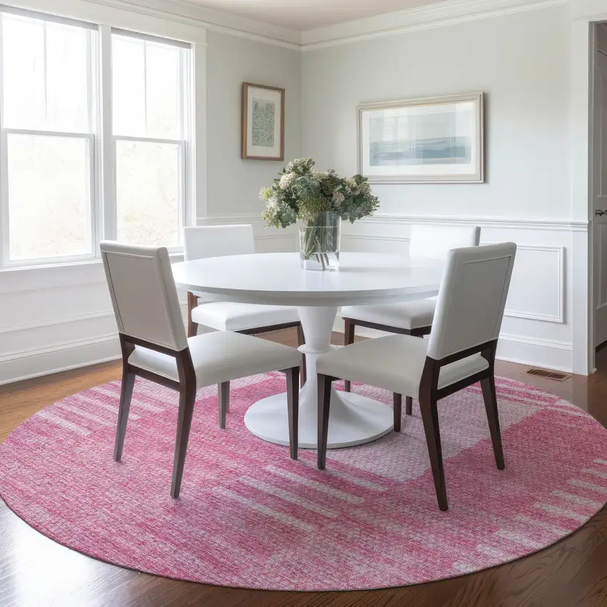 8' Pink And Blush Round Striped Washable Indoor Outdoor Area Rug Photo 7