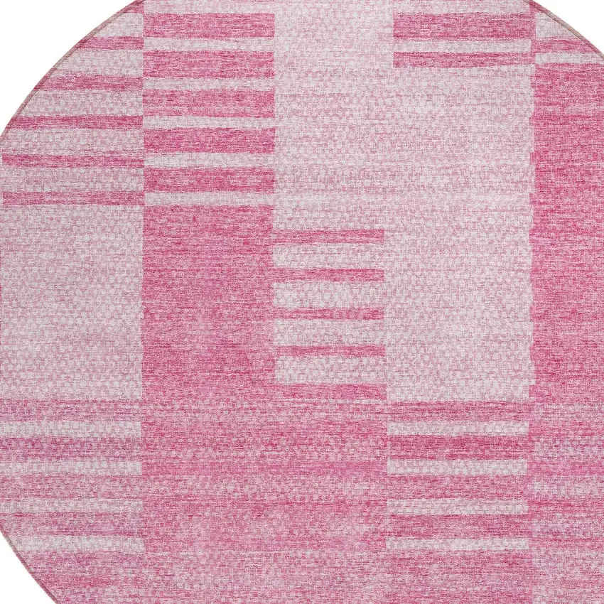8' Pink And Blush Round Striped Washable Indoor Outdoor Area Rug Photo 4