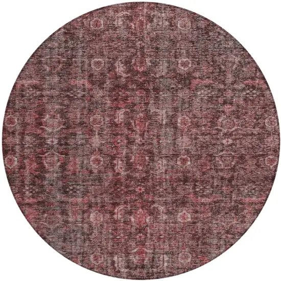 8' Pink And Brick Red Round Damask Washable Indoor Outdoor Area Rug Photo 2