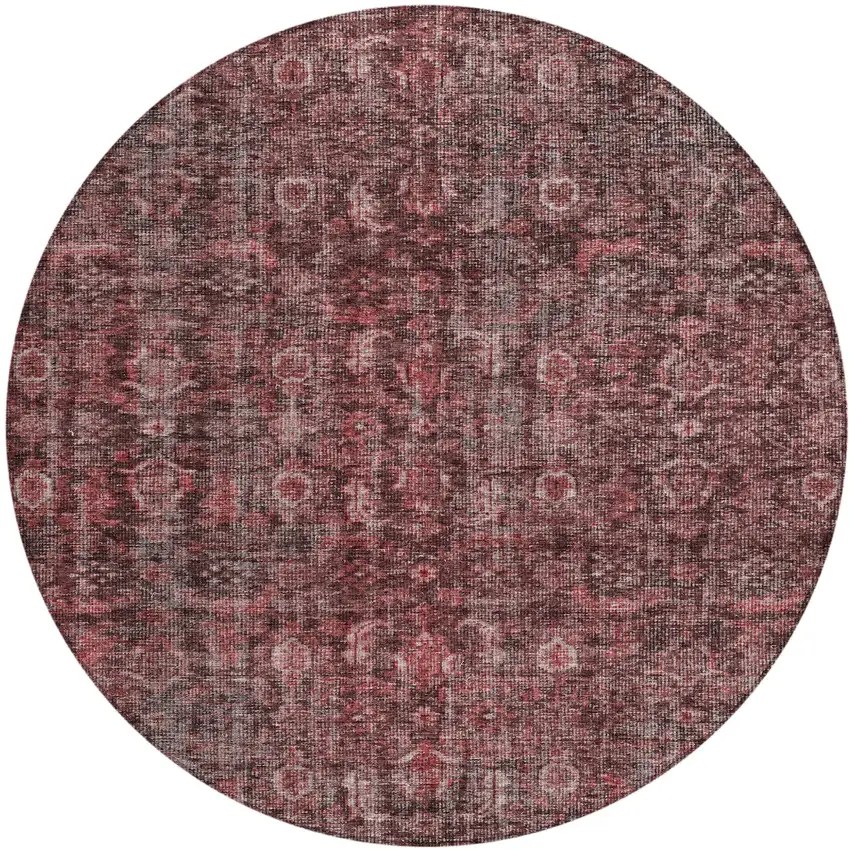 8' Pink And Brick Red Round Damask Washable Indoor Outdoor Area Rug Photo 2