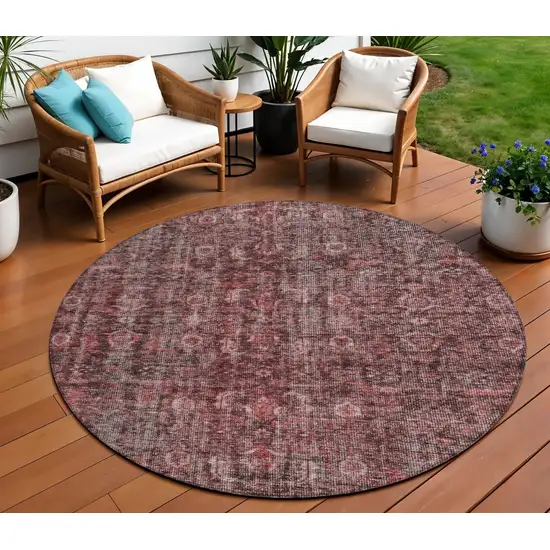 8' Pink And Brick Red Round Damask Washable Indoor Outdoor Area Rug Photo 1