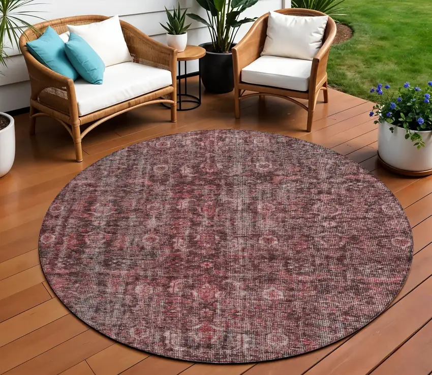 8' Pink And Brick Red Round Damask Washable Indoor Outdoor Area Rug Photo 1