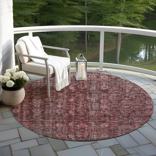 8' Pink And Brick Red Round Damask Washable Indoor Outdoor Area Rug Photo 7