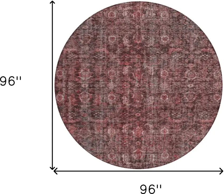 8' Pink And Brick Red Round Damask Washable Indoor Outdoor Area Rug Photo 9