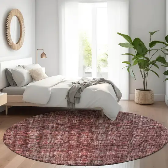 8' Pink And Brick Red Round Damask Washable Indoor Outdoor Area Rug Photo 8