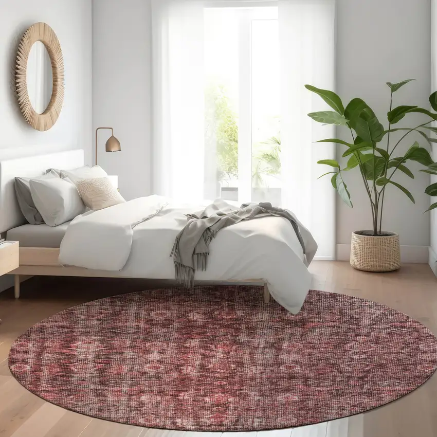 8' Pink And Brick Red Round Damask Washable Indoor Outdoor Area Rug Photo 8