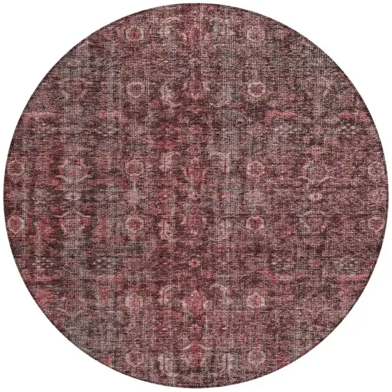 8' Pink And Brick Red Round Damask Washable Indoor Outdoor Area Rug Photo 6