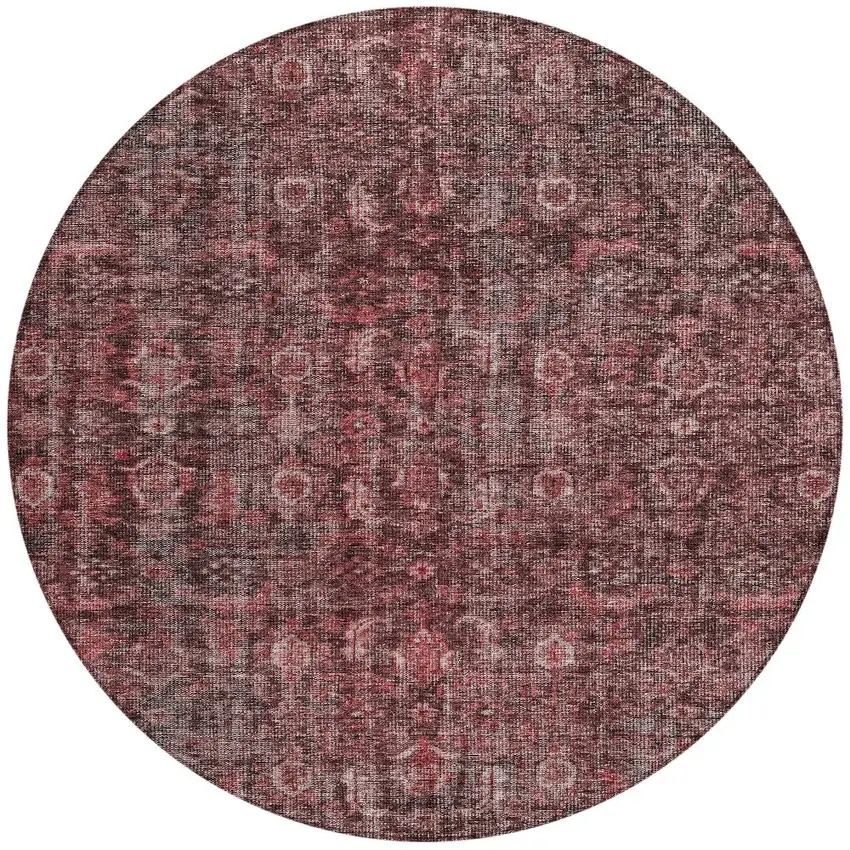 8' Pink And Brick Red Round Damask Washable Indoor Outdoor Area Rug Photo 6