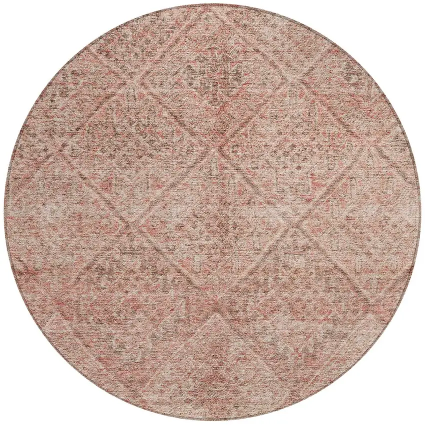 8' Pink And Brown Round Moroccan Washable Indoor Outdoor Area Rug Photo 6