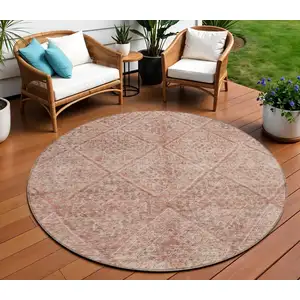 Photo of 8' Pink And Brown Round Moroccan Washable Indoor Outdoor Area Rug