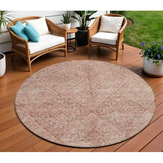 8' Pink And Brown Round Moroccan Washable Indoor Outdoor Area Rug Photo 1