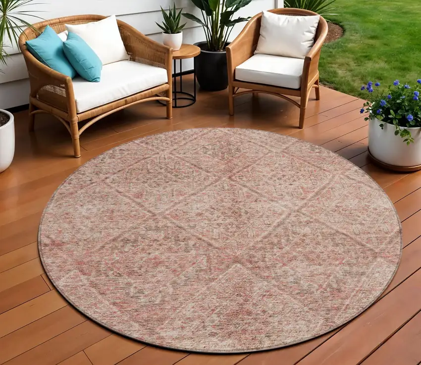 8' Pink And Brown Round Moroccan Washable Indoor Outdoor Area Rug Photo 1