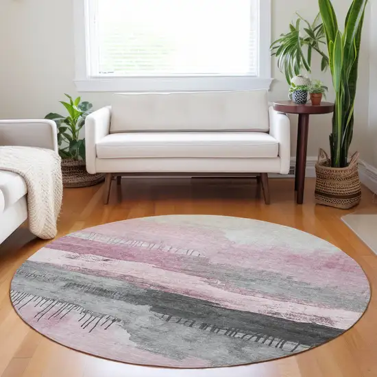8' Pink And Charcoal Round Abstract Washable Indoor Outdoor Area Rug Photo 6