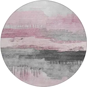 Photo of 8' Pink And Charcoal Round Abstract Washable Indoor Outdoor Area Rug