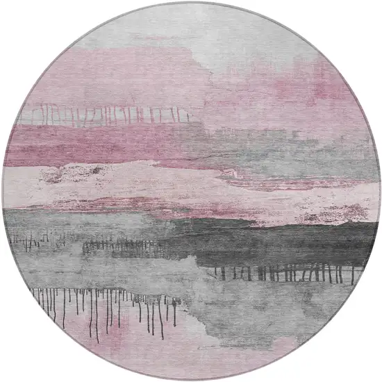 8' Pink And Charcoal Round Abstract Washable Indoor Outdoor Area Rug Photo 1
