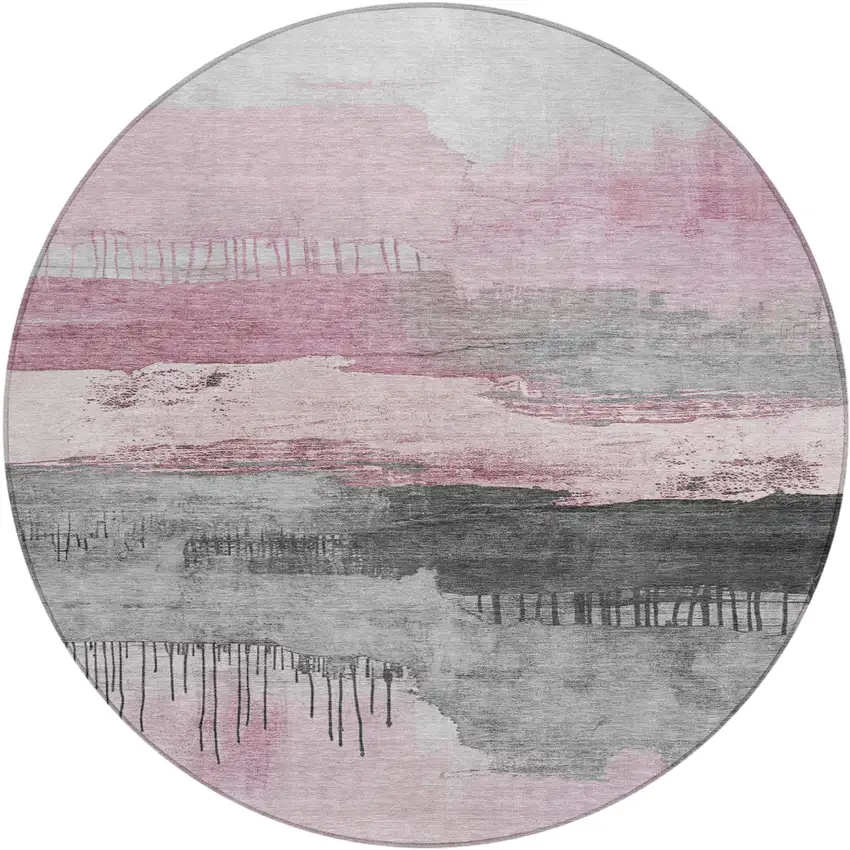 8' Pink And Charcoal Round Abstract Washable Indoor Outdoor Area Rug Photo 1