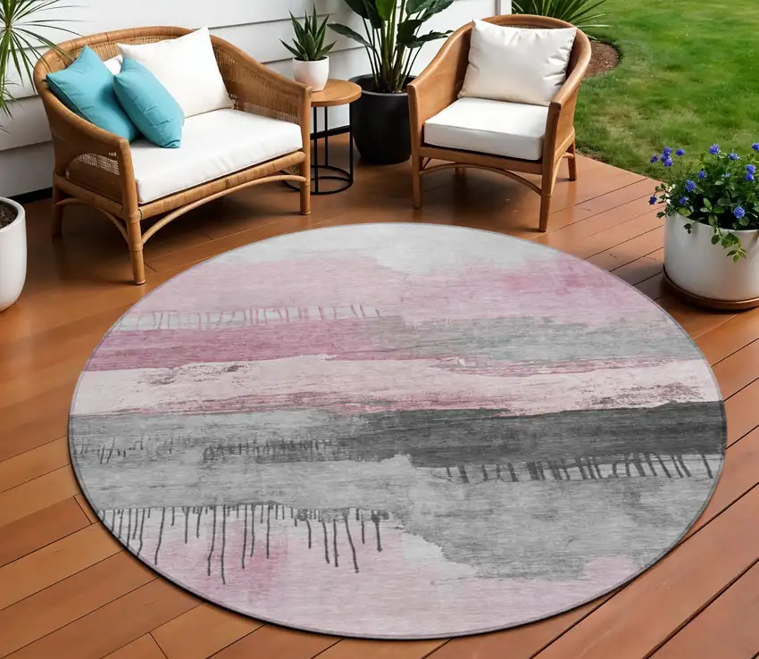 8' Pink And Charcoal Round Abstract Washable Indoor Outdoor Area Rug Photo 2