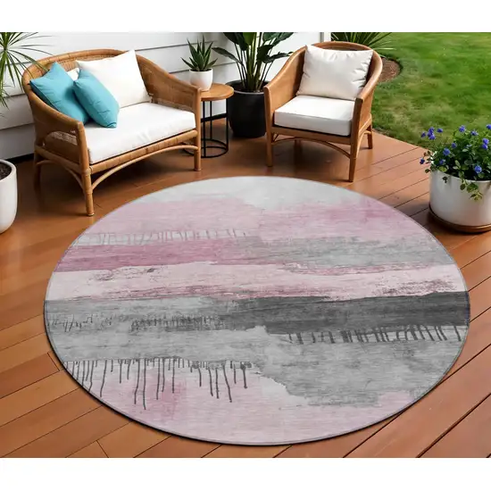 8' Pink And Charcoal Round Abstract Washable Indoor Outdoor Area Rug Photo 2