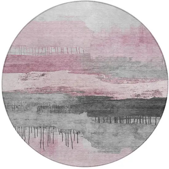 8' Pink And Charcoal Round Abstract Washable Indoor Outdoor Area Rug Photo 4