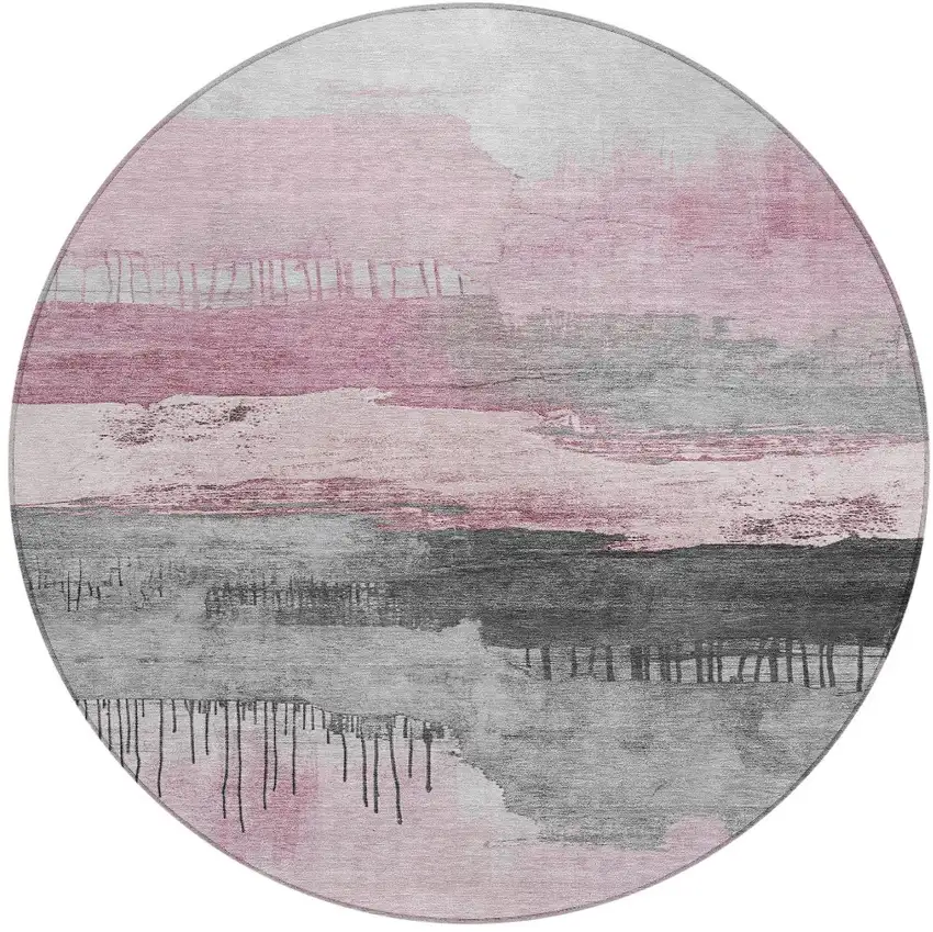 8' Pink And Charcoal Round Abstract Washable Indoor Outdoor Area Rug Photo 4