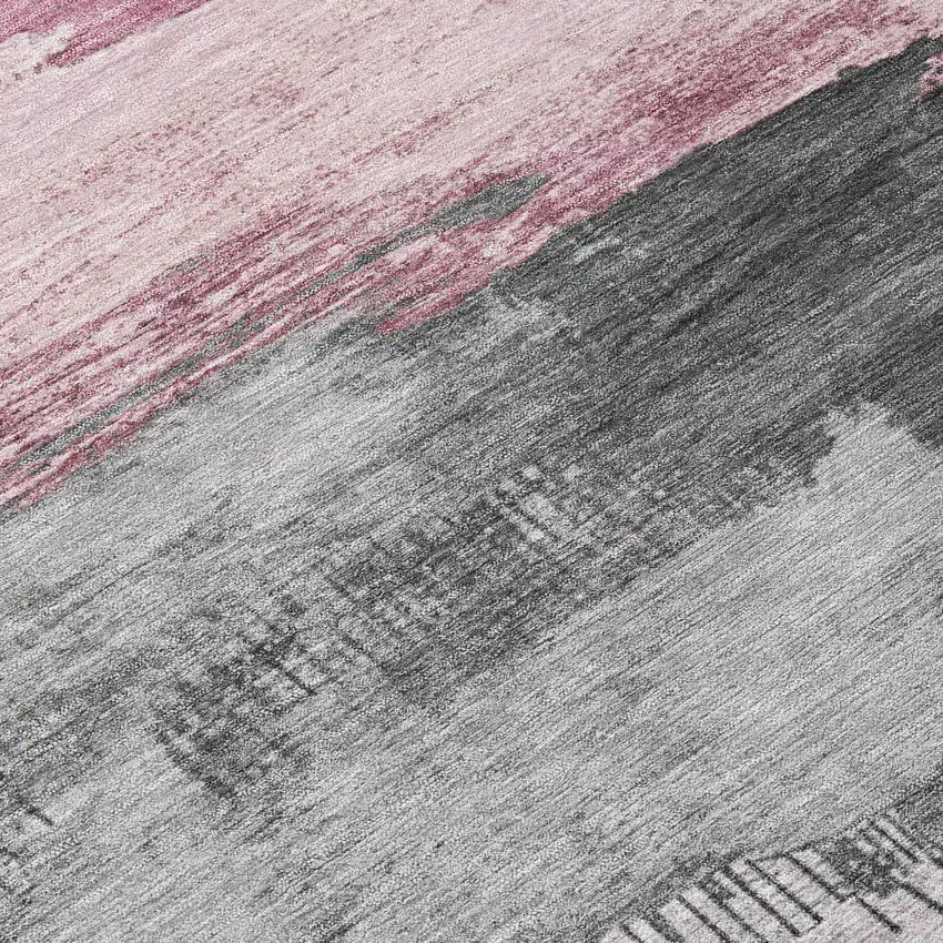 8' Pink And Charcoal Round Abstract Washable Indoor Outdoor Area Rug Photo 9