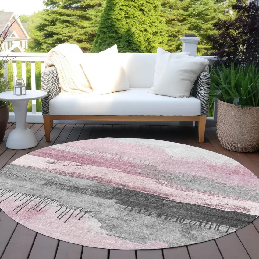 8' Pink And Charcoal Round Abstract Washable Indoor Outdoor Area Rug Photo 5