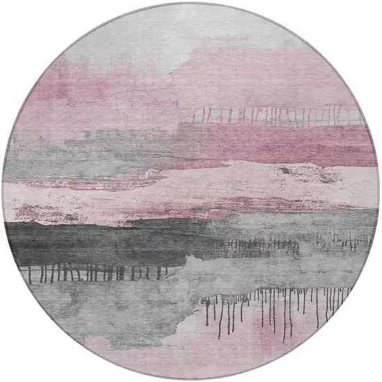 8' Pink And Charcoal Round Abstract Washable Indoor Outdoor Area Rug Photo 3