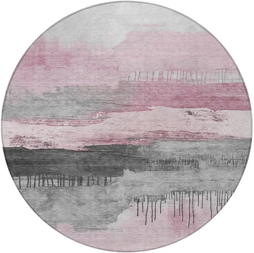 8' Pink And Charcoal Round Abstract Washable Indoor Outdoor Area Rug Photo 3