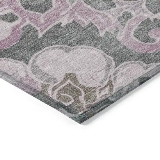 8' Pink And Charcoal Round Damask Washable Indoor Outdoor Area Rug Photo 7