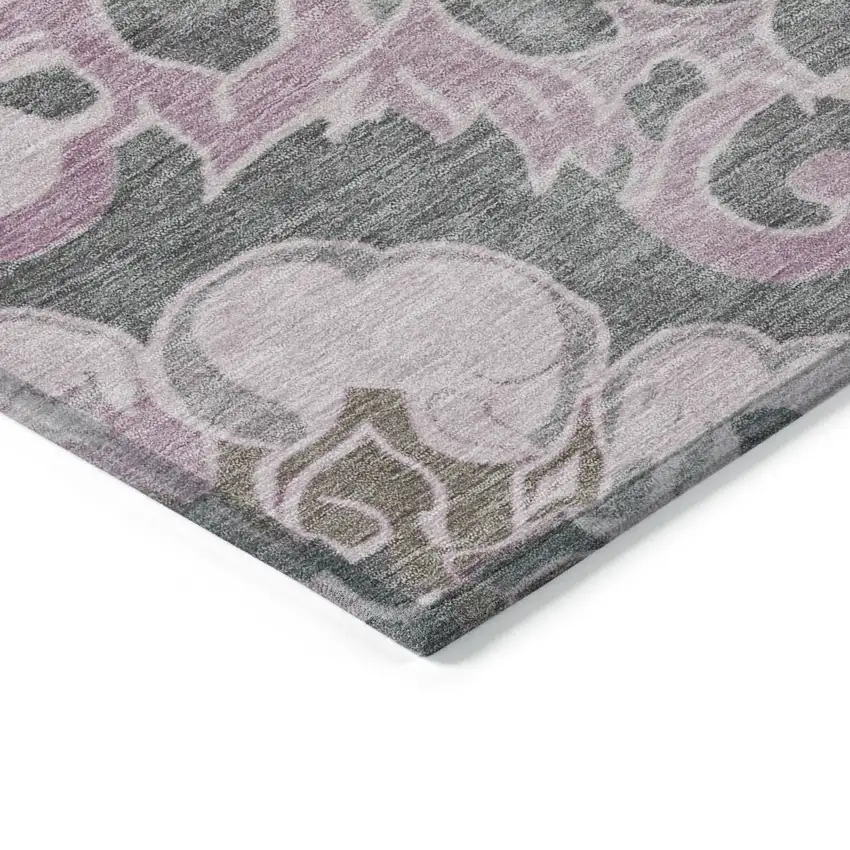 8' Pink And Charcoal Round Damask Washable Indoor Outdoor Area Rug Photo 7