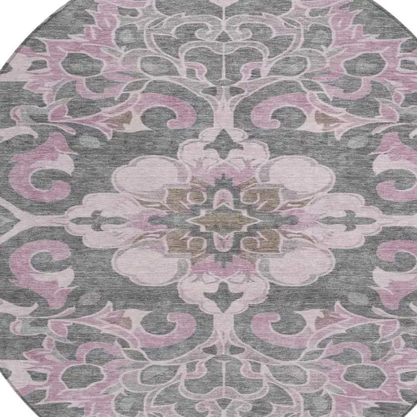 8' Pink And Charcoal Round Damask Washable Indoor Outdoor Area Rug Photo 4